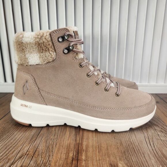 Skechers On-The-Go Glacial Ultra Timber Boots Womens Sz 7 Tan Ankle Suede Plaid - Picture 1 of 10